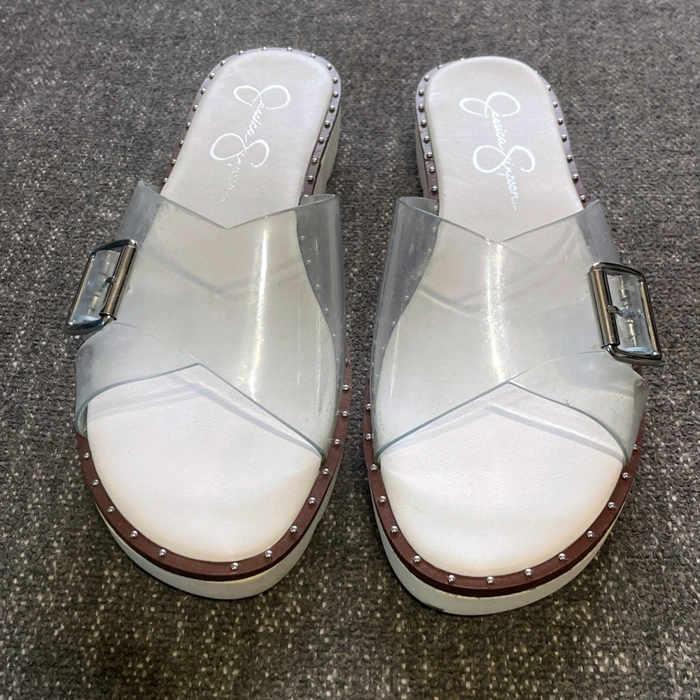 Jessica Simpson Maritah Slide Sandals Womens 8.5 M White Clear Studded Platform